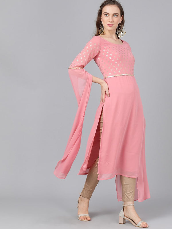 Women's  Pink Yoke Design Straight Kurta - AKS