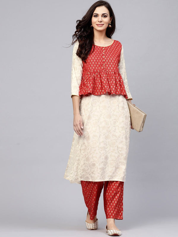 Women's  Off-White & Red Printed Layered Kurta - AKS