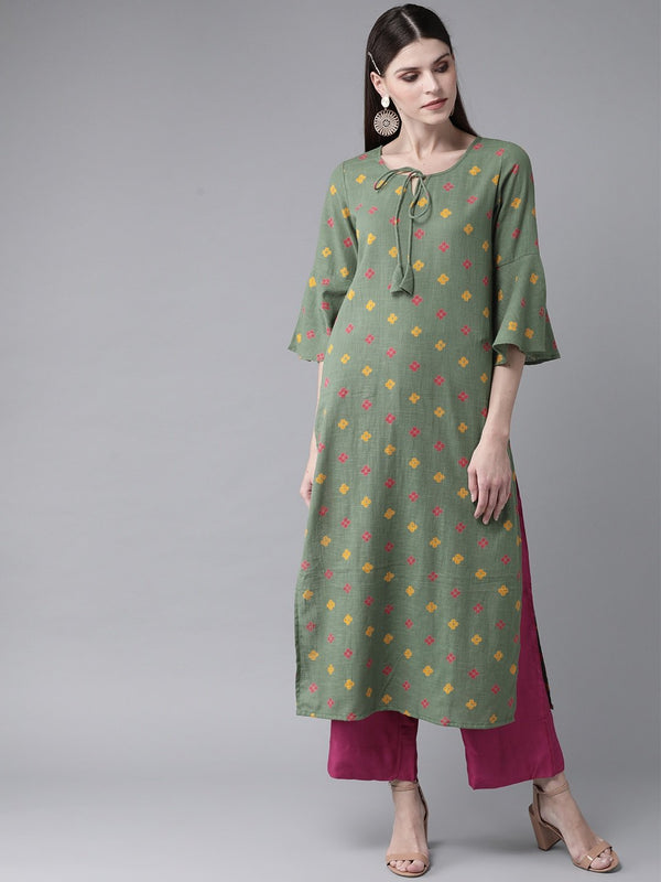 Women's  Green & Yellow Printed Straight Kurta - AKS