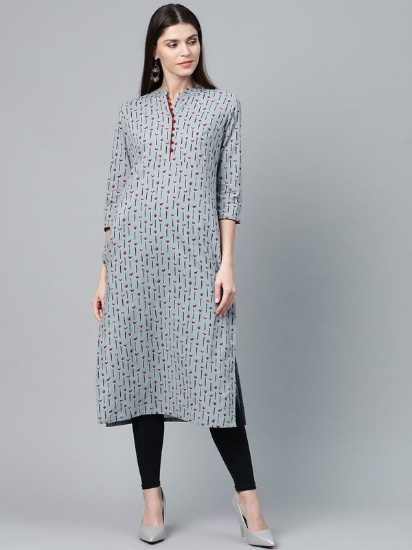 Women's  Grey & Maroon Printed Straight Kurta - AKS