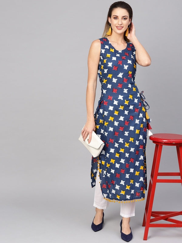 Women's  Navy Blue & Off-White Printed Straight Kurta - AKS