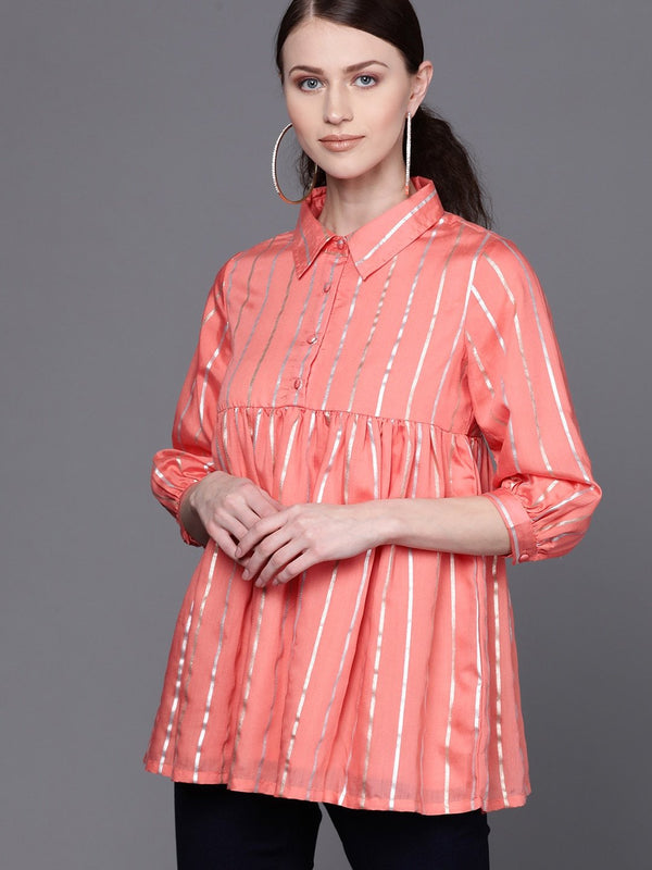 Couture Women's  Peach-Coloured & Silver Striped Tunic - AKS