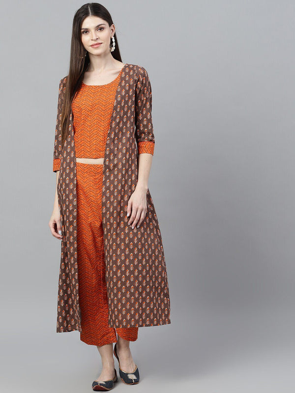 Women's Orange & Brown Printed Top & Capri With Jacket - AKS