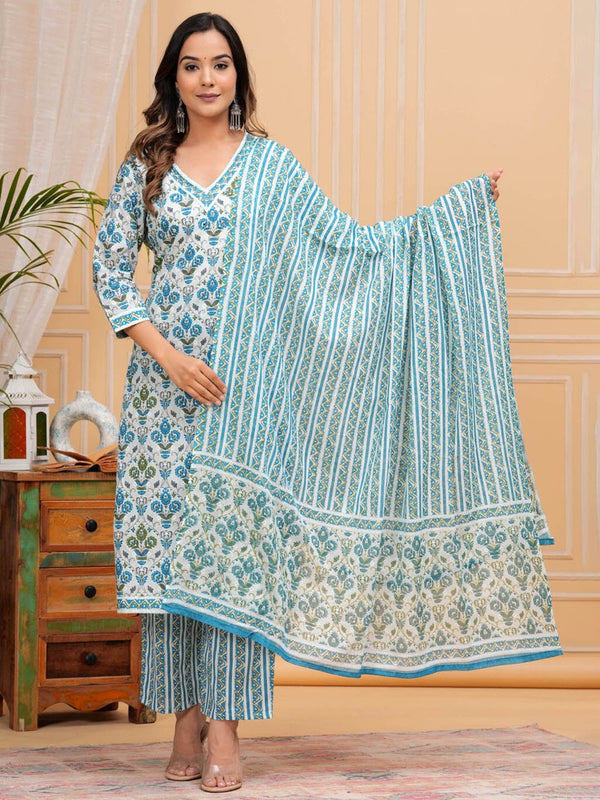 Women's Floral Printed Regular Pure Cotton Straight Kurta with Trousers & With Dupatta - Taantav