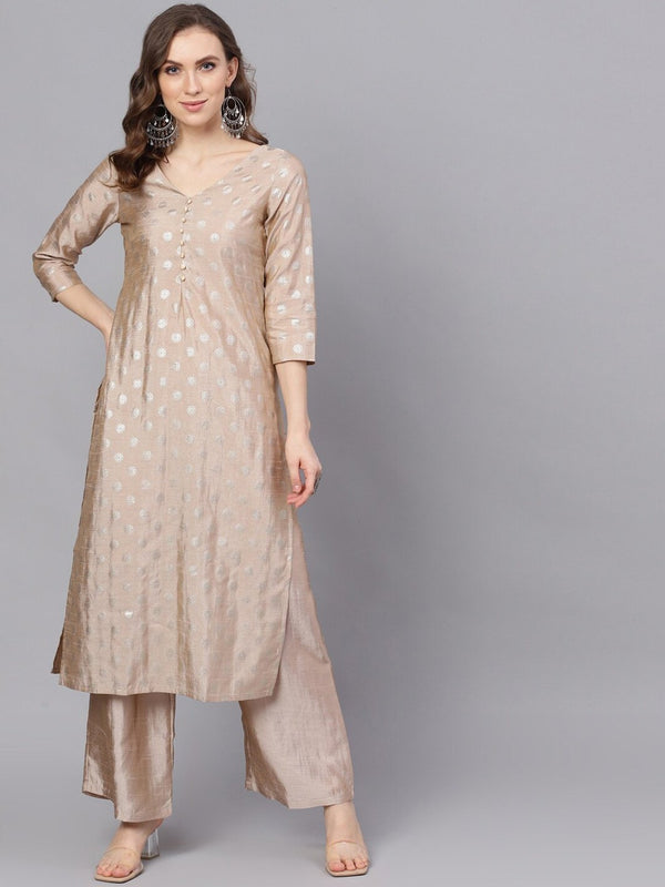 Women's  Beige & Gold-Toned Printed Kurta with Palazzos - AKS