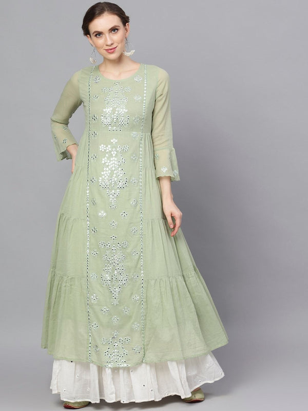 Women's  Green Embroidered Layered Anarkali Kurta - AKS