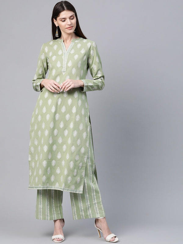 Women's  Green & White Khari Ethnic Printed Kurta with Palazzos - AKS