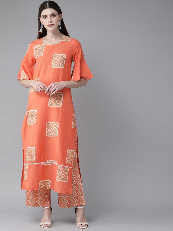 Women's  Orange & Beige Printed Kurta with Palazzos - AKS