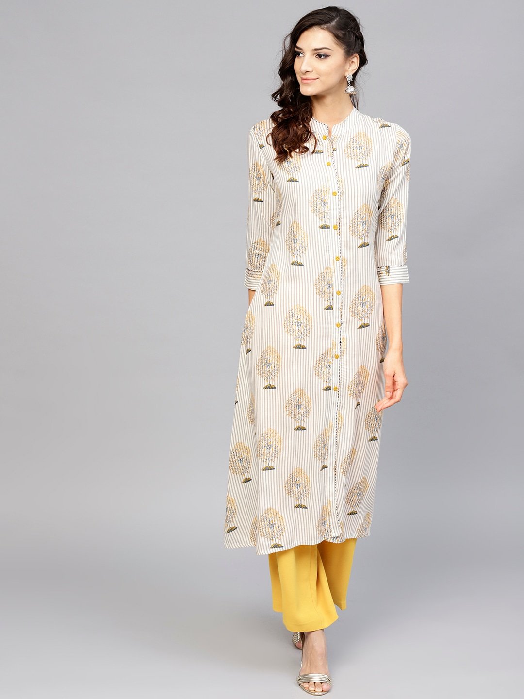 Women's Off-White & Grey A-Line Kurta - Yufta