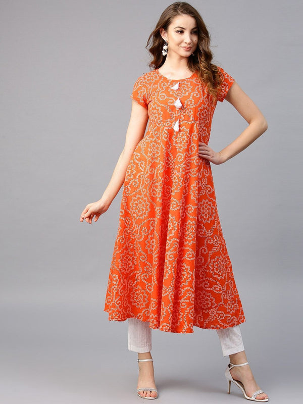 Women's  Orange & White Printed Anarkali Kurta - AKS