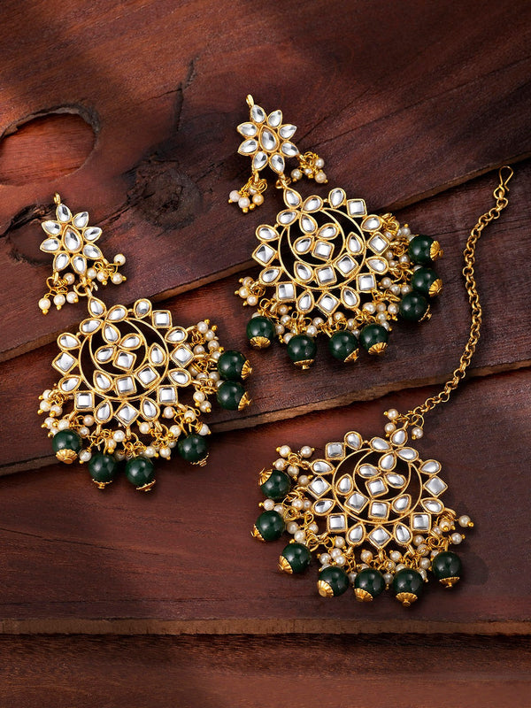 Women's Traditional Gold Plated Chandbali Kundan & Pearl Earring Set with Maang Tikka - I Jewels