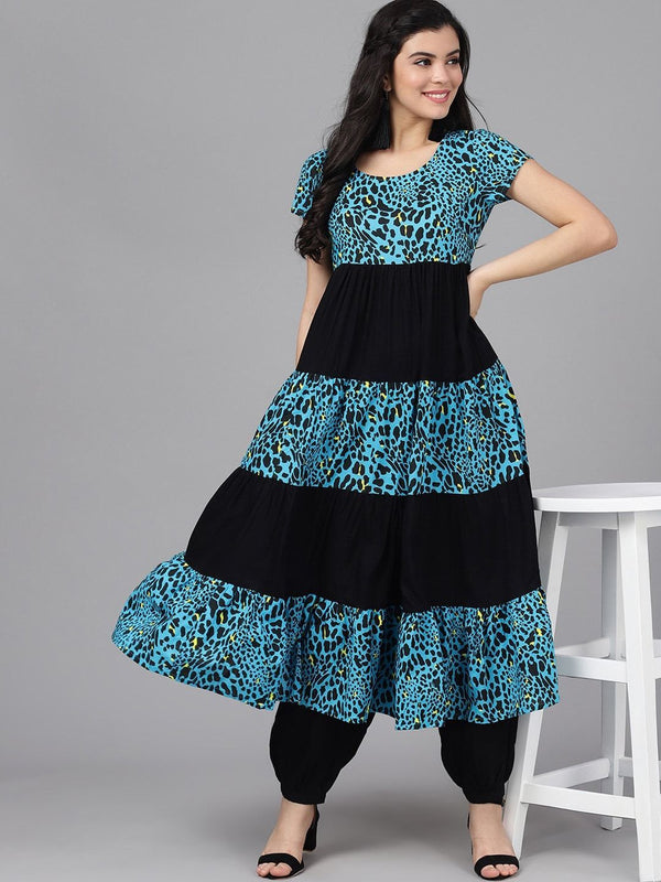 Women's  Blue & Black Animal Print Anarkali Kurta - AKS