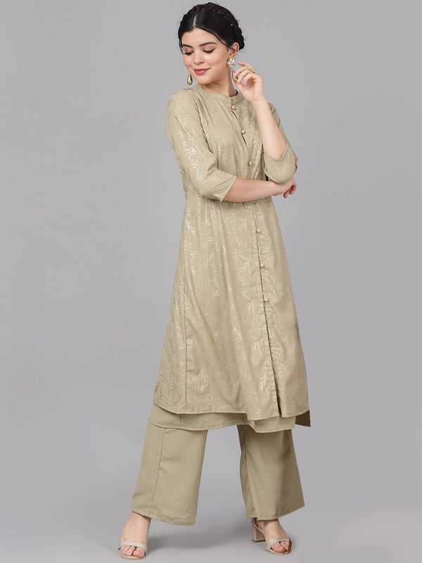 Women's  Taupe & Gold-Cloured Printed Kurta with Palazzos - AKS