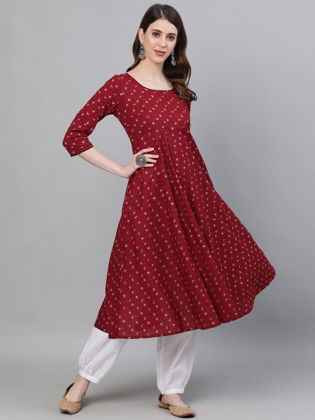 Women's Maroon Printed Flared Anarkali - AKS