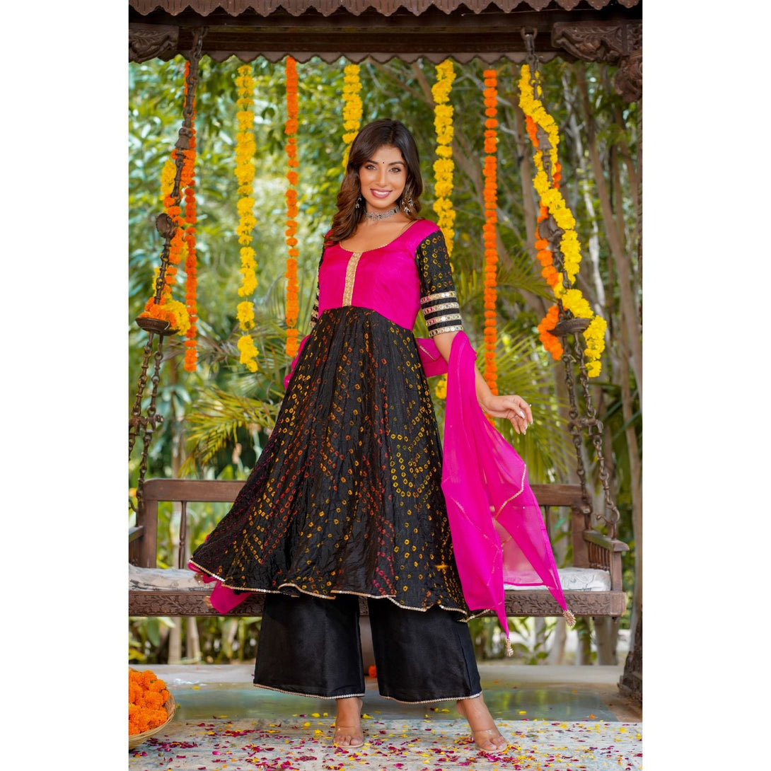 Women's Maroon Bandhani Anarkali Set With Dupatta - Rangpur