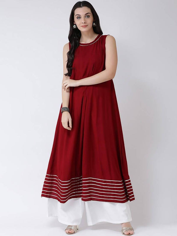 Women's Maroon & White Viscose Rayon Anarkali Kurta With Palazzo Pant Set - Cheera