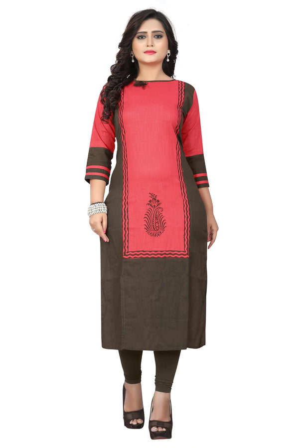 Women's Pink Color Cotton Straight Kurta  (1Pc) - Vbuyz