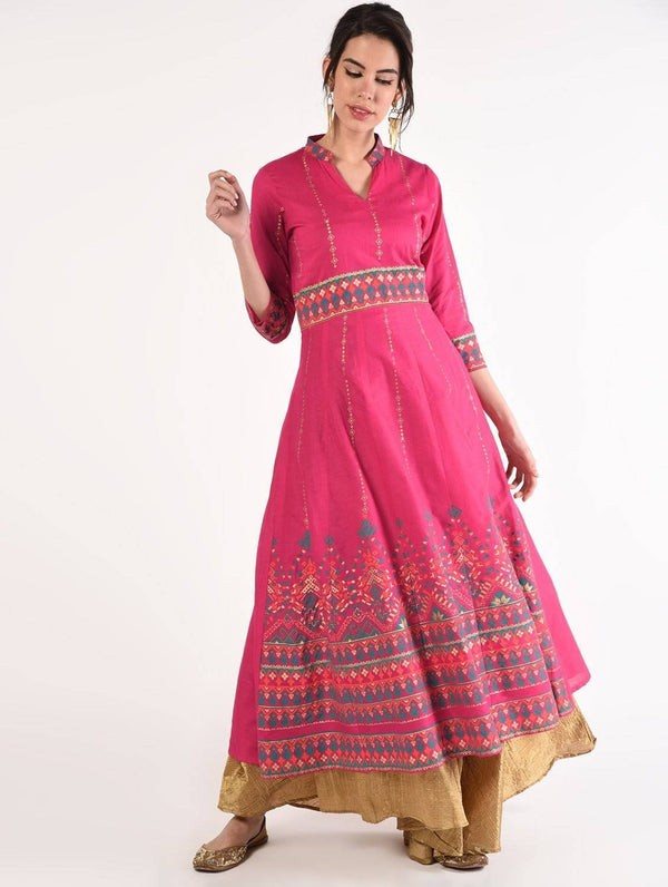 Women's Magenta Cotton Hand Block Print Ghagra Style Anarkali Kurta Only - Cheera