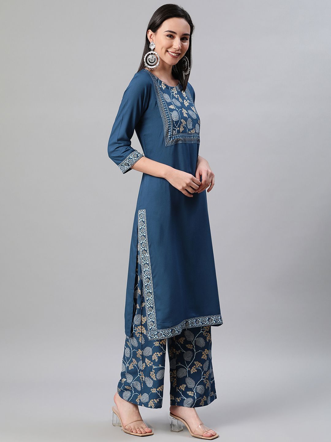 Women Teal Blue Kurta and Palazzo Set by Ziyaa (2 Pc Set)