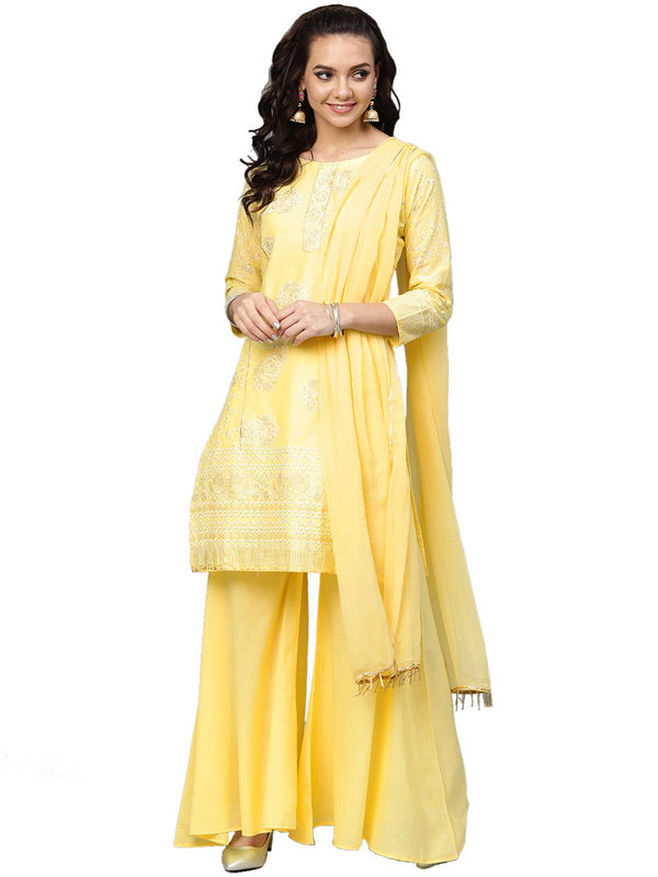 Jashvi Women's Cotton Blend Yellow Glitter Print Kurta Sharara Set With Dupatta