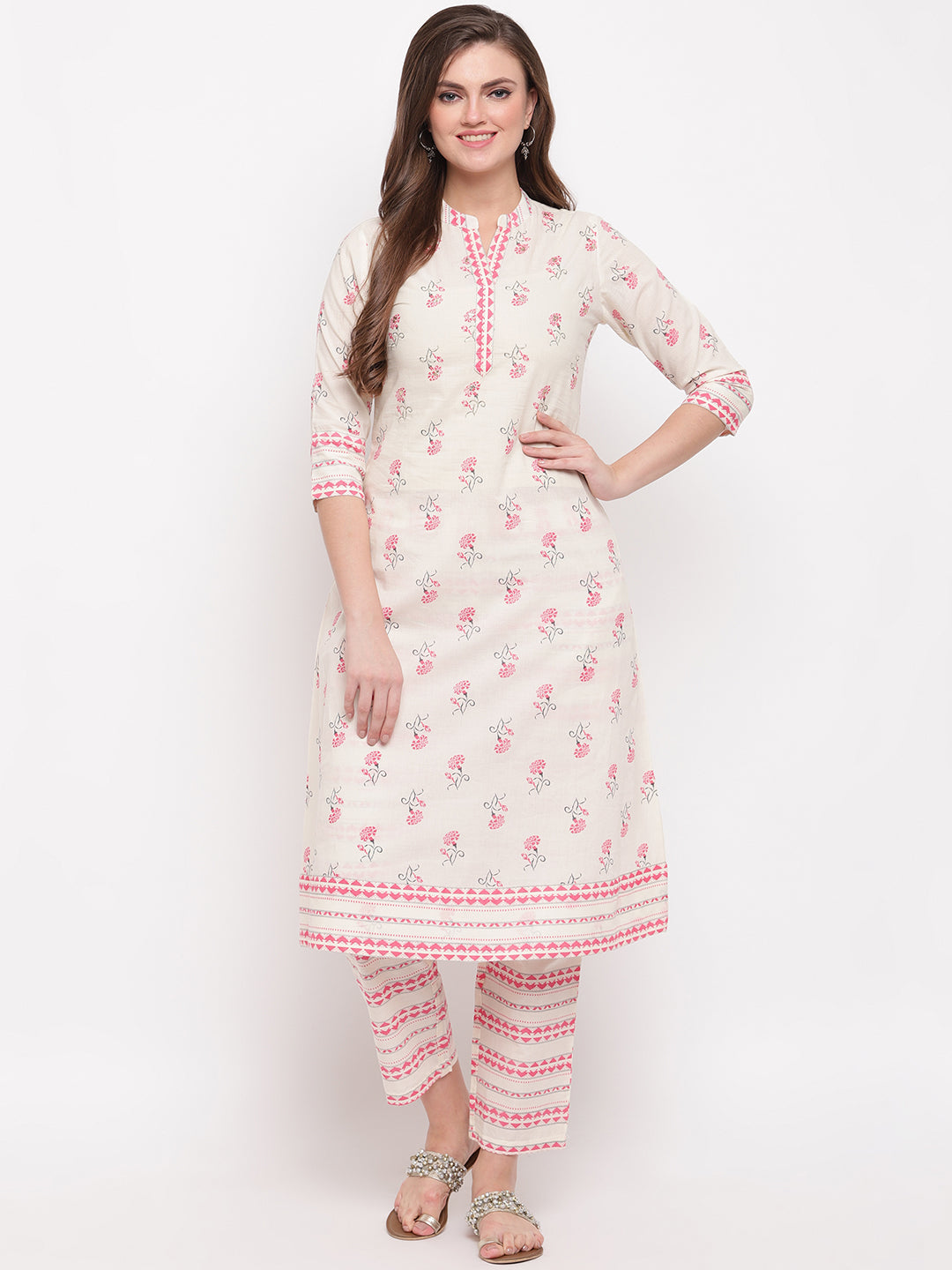 Women's Floral Print & Embroidered A-Line Cotton White Kurti With Palazzo - Vbuyz