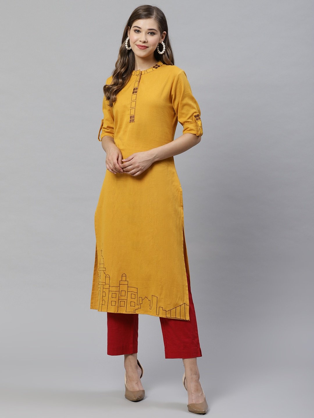 Women's Mustard Embroidered Kurta - Yufta