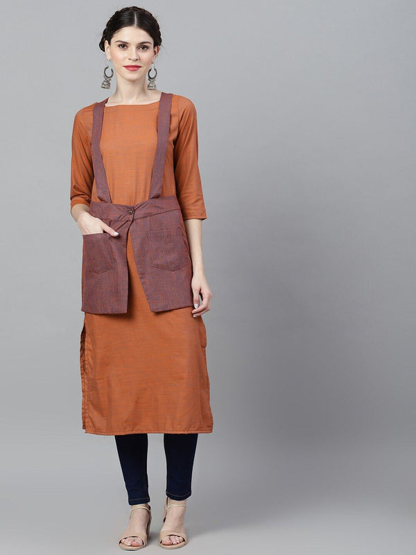 Women's  Orange Colourblocked Straight Kurta - AKS