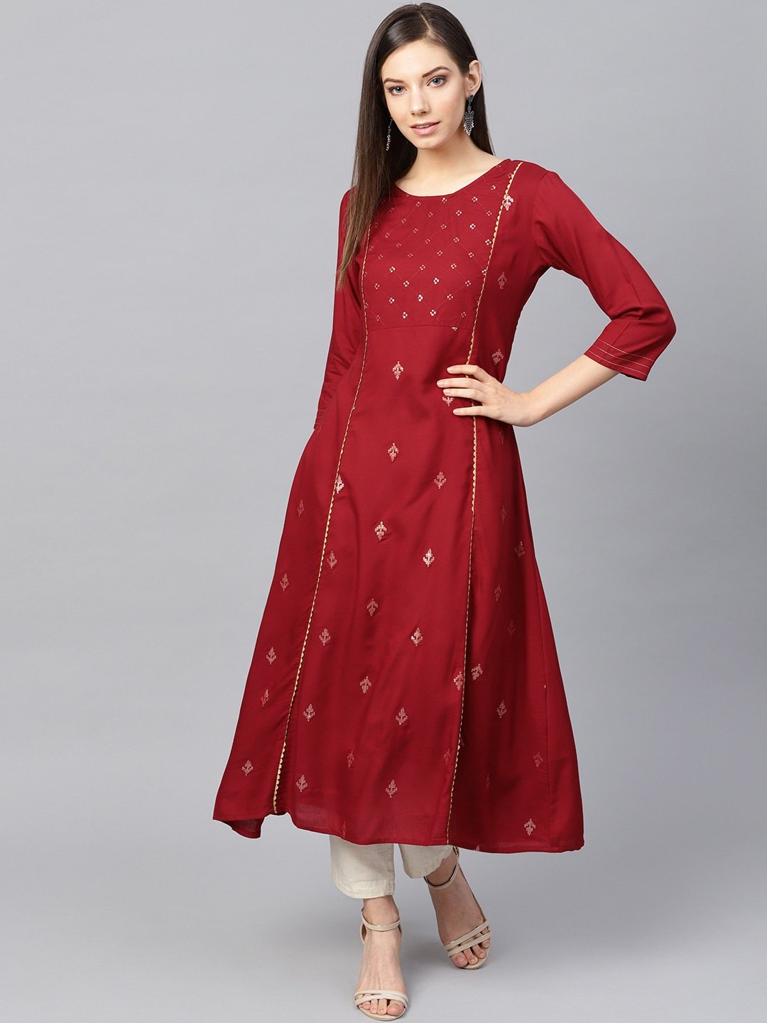 Women's Maroon & Golden A-Line Kurta - Yufta