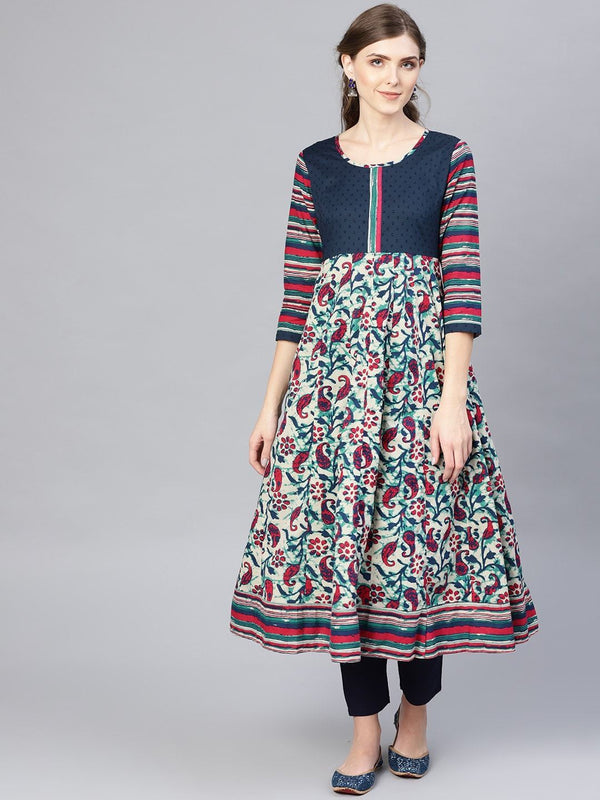 Women's  Off-White & Navy Blue Printed Anarkali Kurta - AKS