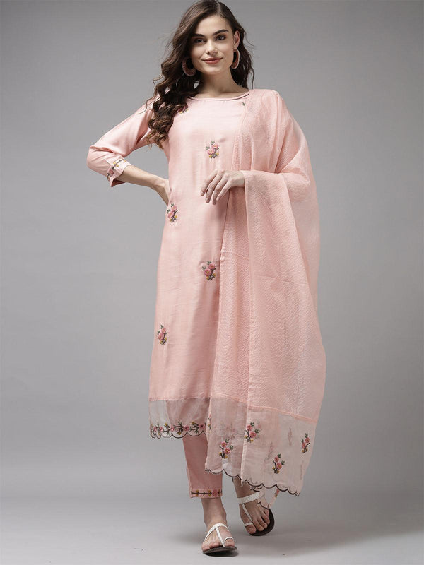 Women's Baby Pink Embroidered Straight Kurta Trouser With Dupatta Set - Odette