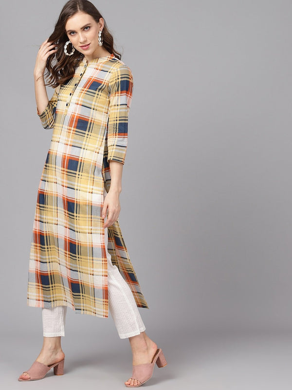 Women's  Yellow & Blue Checked Straight Kurta - AKS