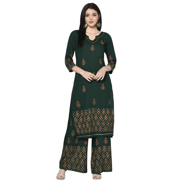 Women's Bottle Green Rayon Block print straight kurta - Aniyah