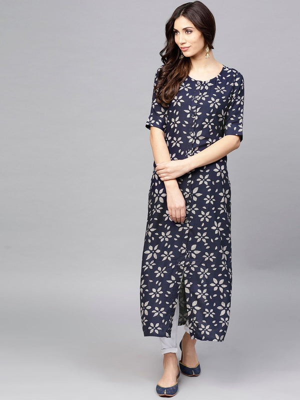 Women's  Navy Blue & Grey Printed Straight Kurta - AKS