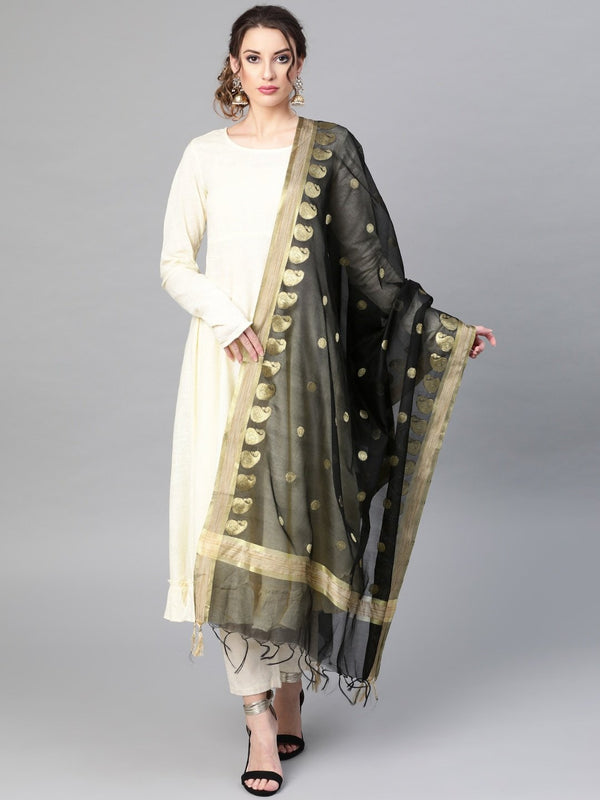 Women's Black Woven Design Banarasi Dupatta - Aks