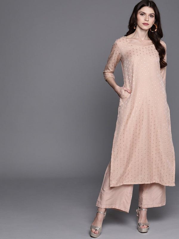 Women's  Pink & Golden Woven Design Kurta with Palazzos - AKS