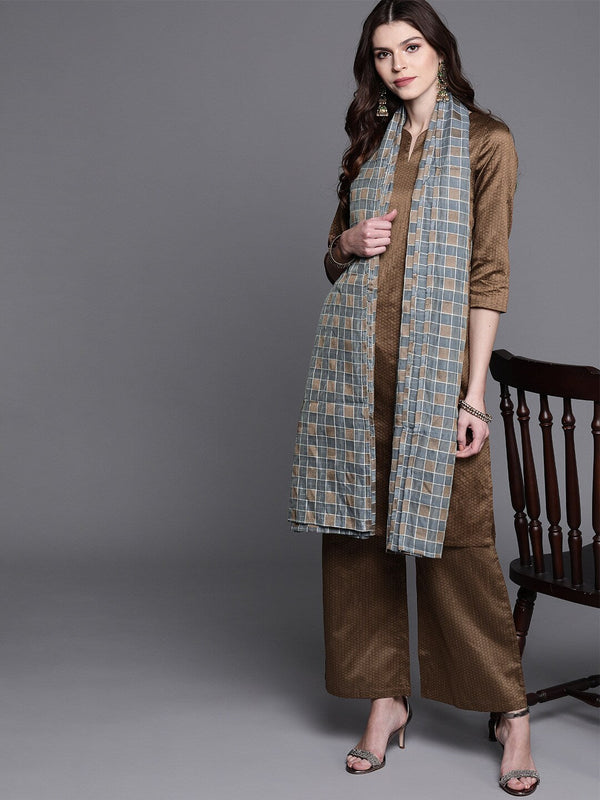 Women's Brown Textured Kurta Palazzo With Dupatta - Aks