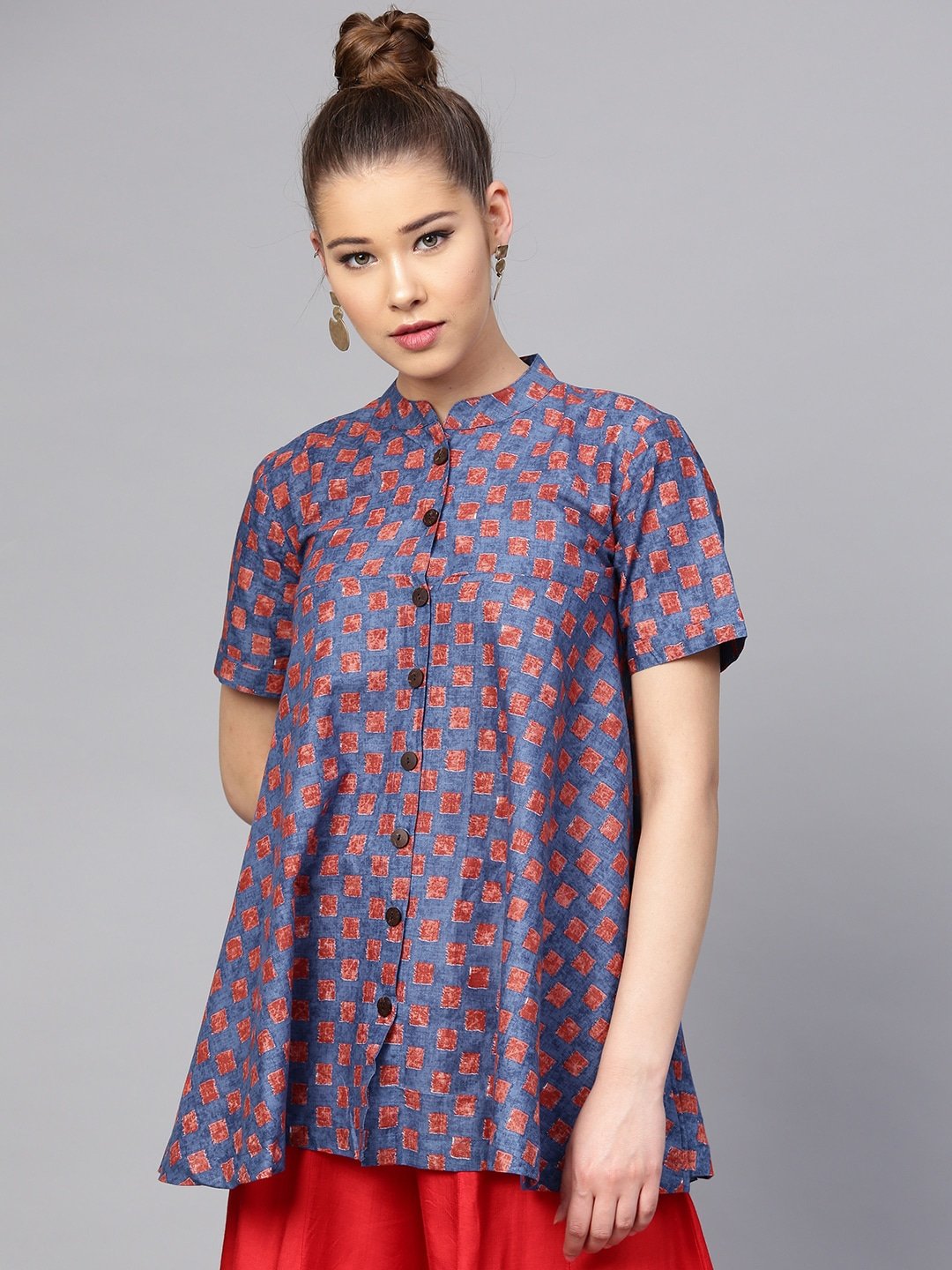 Women's Blue & Red Printed Tunic - Yufta