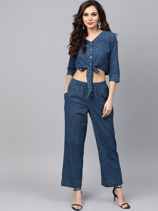 Women's  Navy Blue Handblock Print Crop Top with Palazzos - AKS