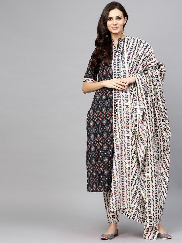 Women's  Black & Off-White Printed Kurta with Trousers & Dupatta - AKS