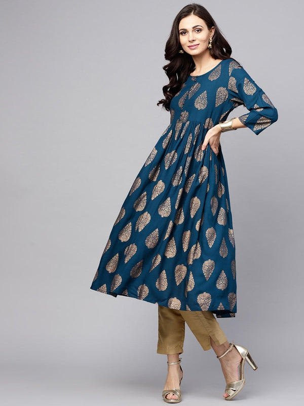 Women's  Teal Blue & Golden Printed A-Line Kurta - AKS