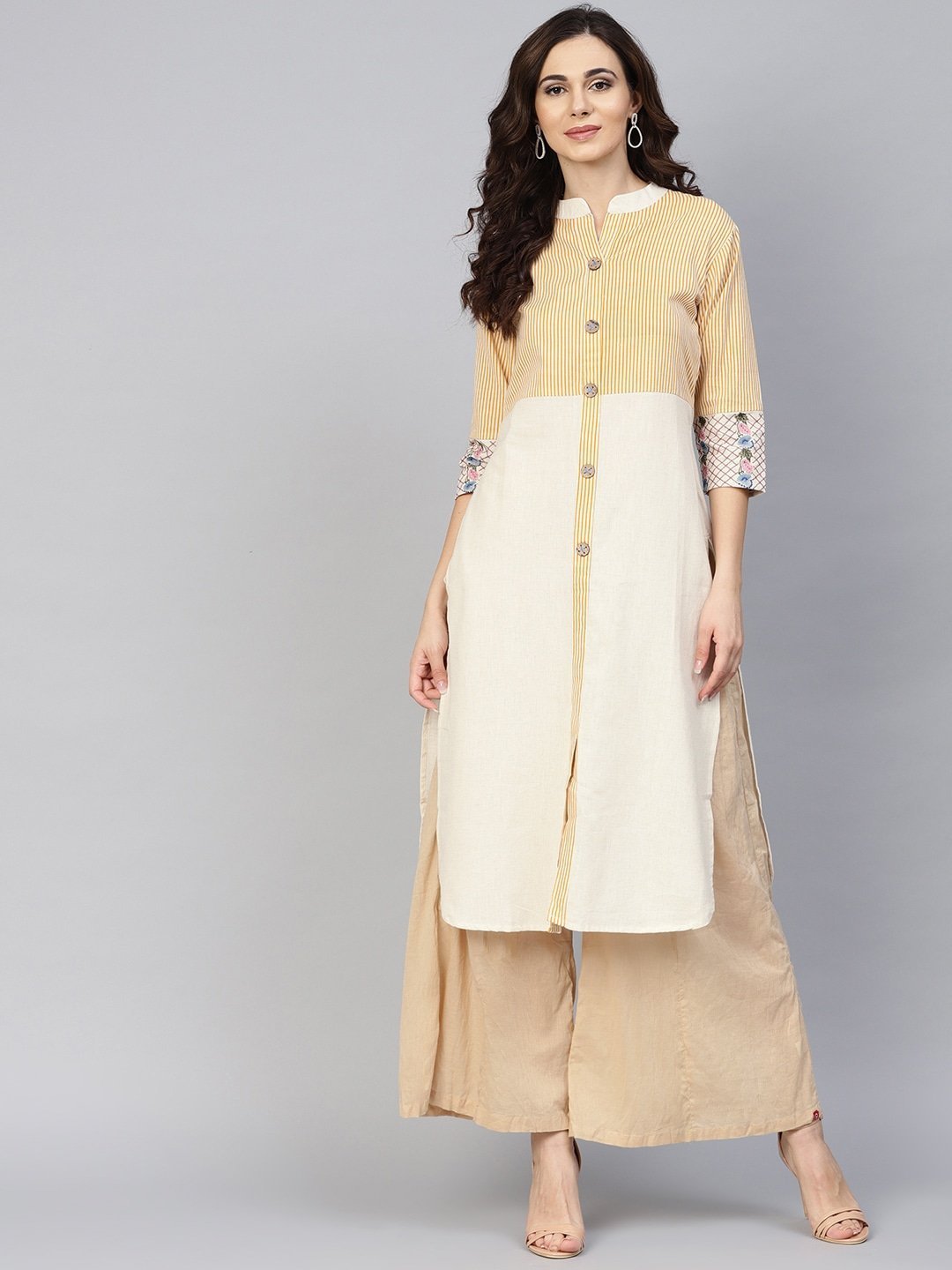 Women's Off-White & Mustard Straight Kurta - Yufta