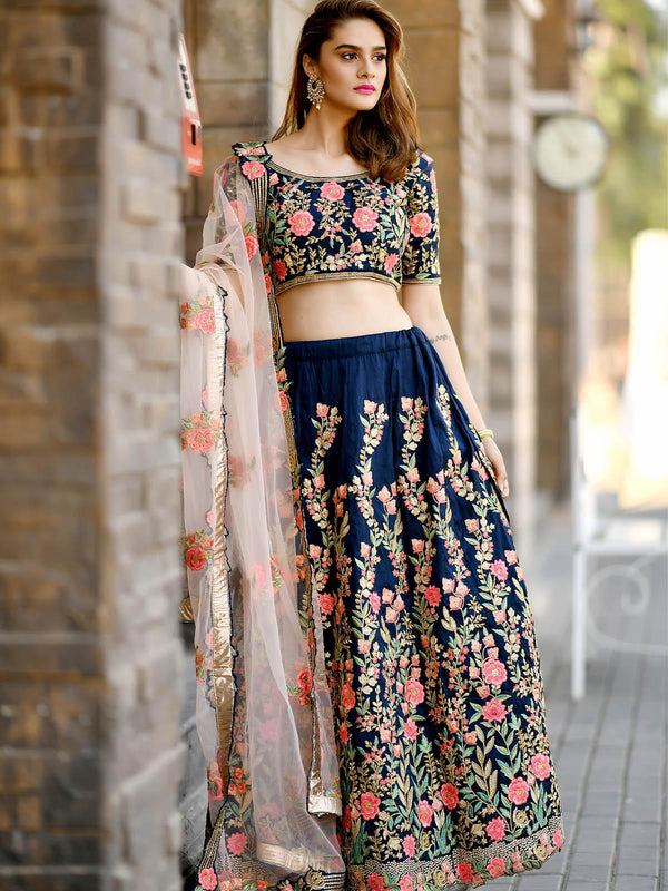 Women's Beautiful Navy Blue Silk Lehenga Choli Set - Odette