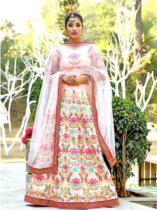 Women's Beautiful Peach Silk Lehenga Choli Set - Odette