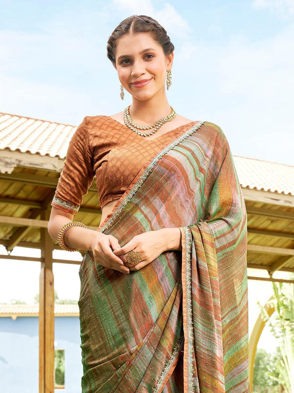 Women's Beige Abstract Printed Chiffon Saree - Odette