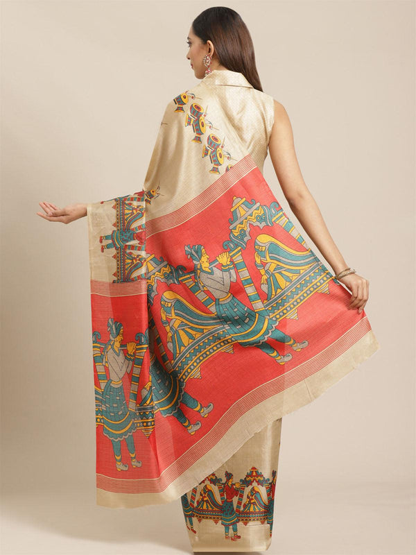 Women's Beige Casual Bhagalpuri Printed Saree With Unstitched Blouse - Odette