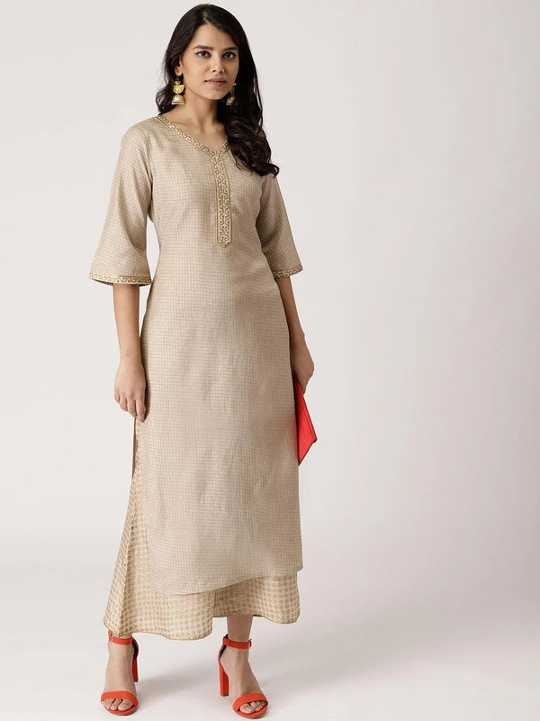 Beige Checkered Chanderi Kurta Set - Jashvi