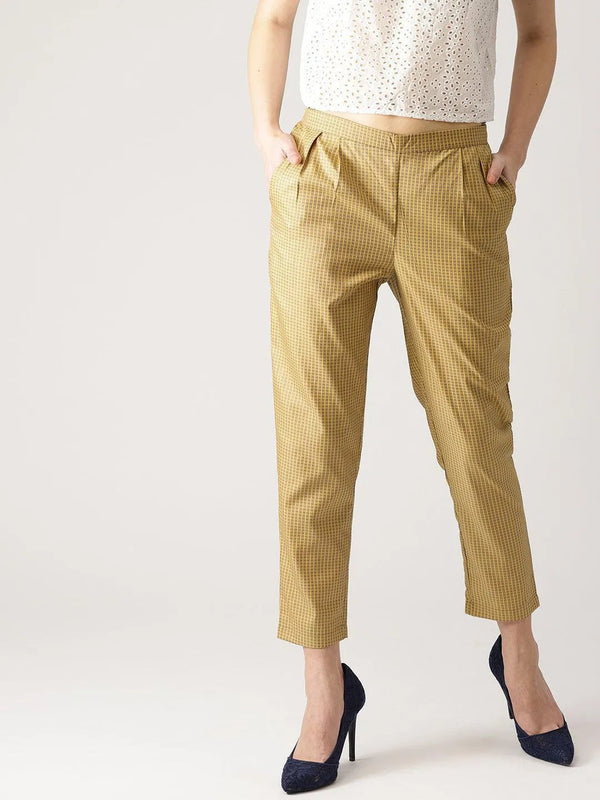 Beige Checkered Polyester Trousers - Jashvi