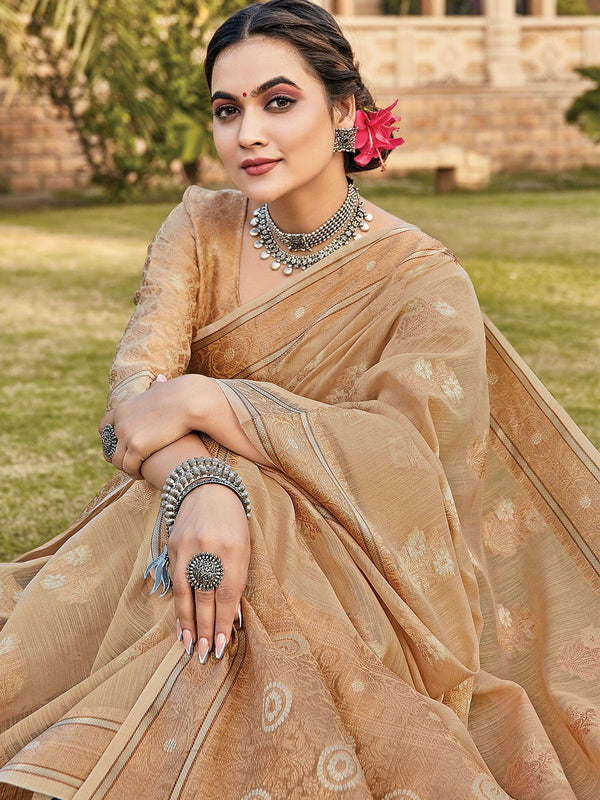 Women's Beige Color Cotton Saree Pair With Cotton Blouse - Odette