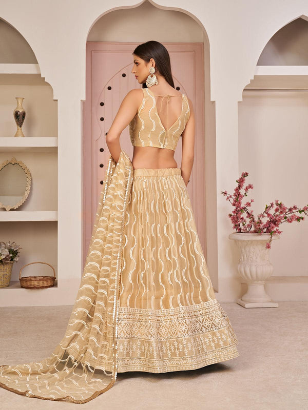 Women's Beige Color Mono Net Fabric Heavy Designer Lehenga - Odette