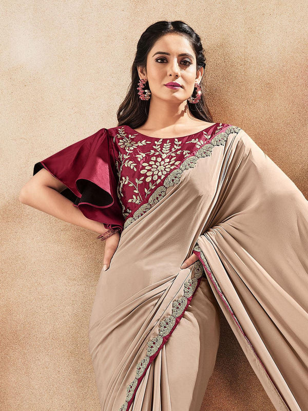 Women's Beige Designer Embroidered Saree - Odette